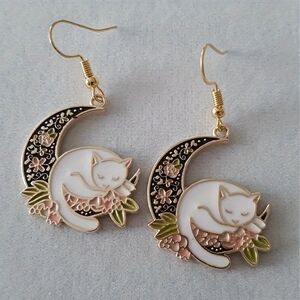 - Cat on the Black Moon Shaped Gold Earrings New
